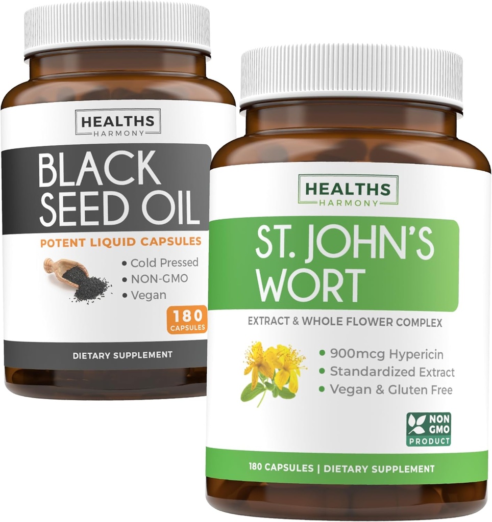 Black Seed Oil & St. John's Wort (3-Month Supply) Harmony Essence Bundle of Black Seed Oil (180 Capsules) Cold-Pressed Nigella Sativa & St. John's Wort (180 Capsules) with Powerful 900mcg Hypericin