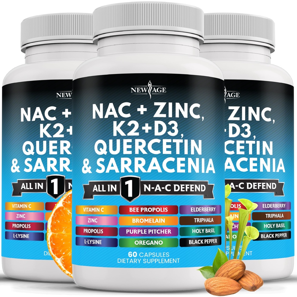 NEW AGE NAC Supplement N-Acetyl Cysteine- with Vitamin D3, K2, Zinc, Quercetin, Triphala, Sarracenia Purpurea, Elderberry, Holy Basil, Bee Propolis, Bromelain, L-Lysine - 180 Count