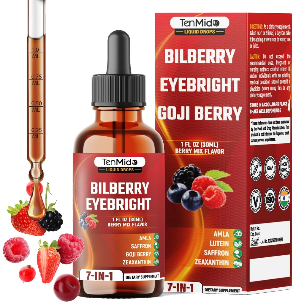 Bilberry Extract Liquid - 7in1 Herbal Supplements with Eyebright, Goji Berry, Amla, Lutein, Zeaxanthin, and Saffron - Vegan, Non-GMO - 30ml 1 Fl Oz