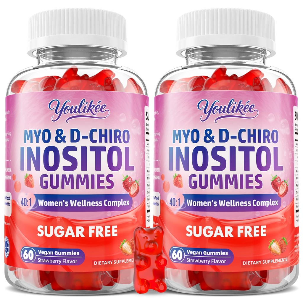 2 Pack Myo-Inositol & D-Chiro Inositol Gummies for Women - Ideal 40:1 Ratio with Vitamin D3, Folate, Magnesium and Zinc - Support Female Health & Wellness - Sugar-Free, Strawberry Flavor, 120 Count