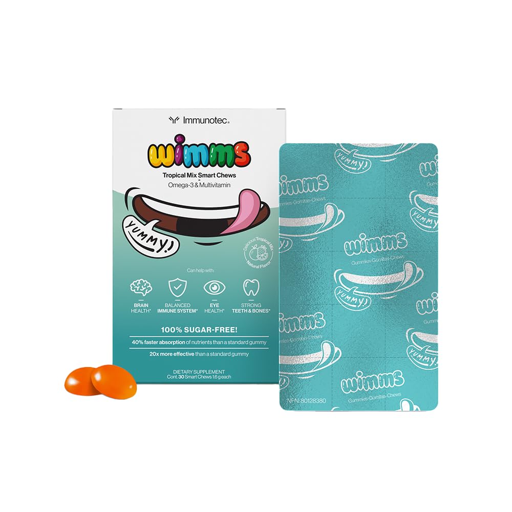 WIMMS Smart Chews for Kids | Omega-3 & Multivitamin Gummies | 600mg DHA & EPA | Sugar-Free Brain & Immune Support for Children | Tropical Flavor | 30 Daily Chews