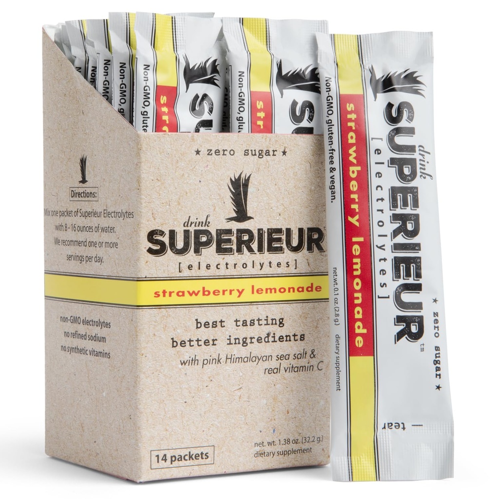 Superieur Ηλεκτρολυτές Powder Packets- Vegan Ηλεκτρολυτική Ενυδάτωση Σκόνη w/Sea Minerals- Keto Friendly, Non-GMO, Zero Sugar Electrolyte Supplement-Healthy Sports Drink-Strawberry Λεμονάδα (14 Packets)