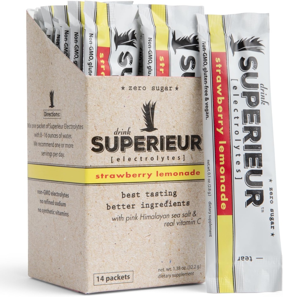 Superieur Ηλεκτρολυτές Powder Packets- Vegan Ηλεκτρολυτική Ενυδάτωση Σκόνη w/Sea Minerals- Keto Friendly, Non-GMO, Zero Sugar Electrolyte Supplement-Healthy Sports Drink-Strawberry Λεμονάδα (14 Packets)