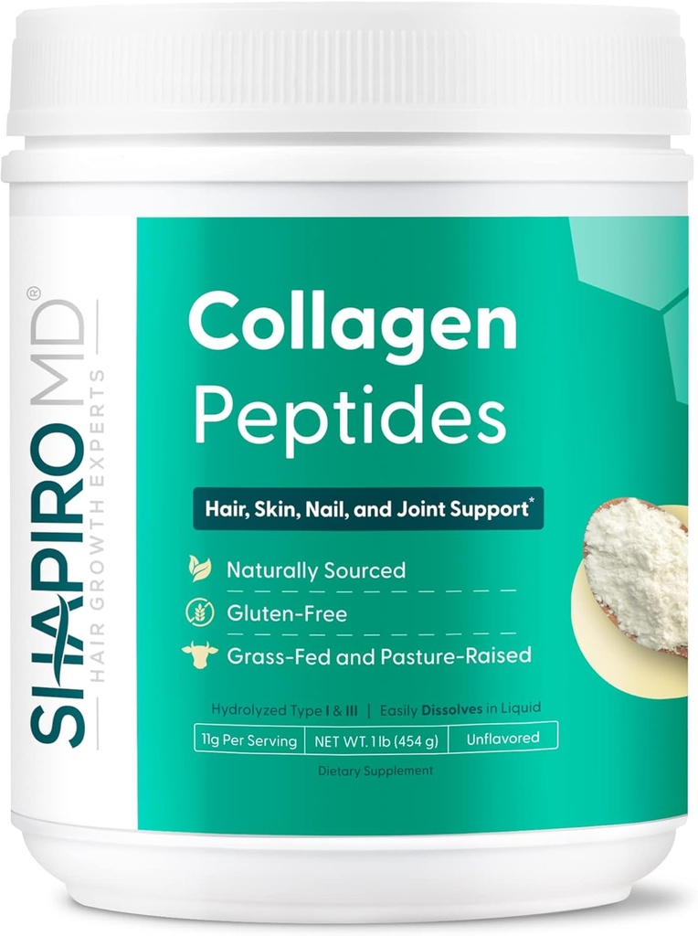 Shapiro MD Εμπειρογνώμονες ανάπτυξης μαλλιών Collagen Peptides σκόνη, συμπλήρωμα σκόνης κολλαγόνου για τα μαλλιά, δέρμα, νύχια και κοινή υποστήριξη, I & III Υδρολυμένο κολλαγόνο για την εύκολη απορρόφηση, 11g Collagen - 16 oz.
