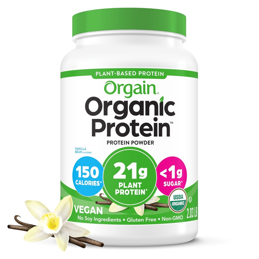 Orgain Organic Vegan Protein Powder, Vanilla Bean - 21g Πρωτεΐνες φυτών, 6g Προβιοτικές Ίνες, Όχι Συστατικά λακτόζης, Όχι Προστιθέμενη Ζάχαρη, Μη ΓΤΟ, Για Ανακινήσεις & Smoothies, 2.03 lb (Συσκευασία Μαΐου Vary)