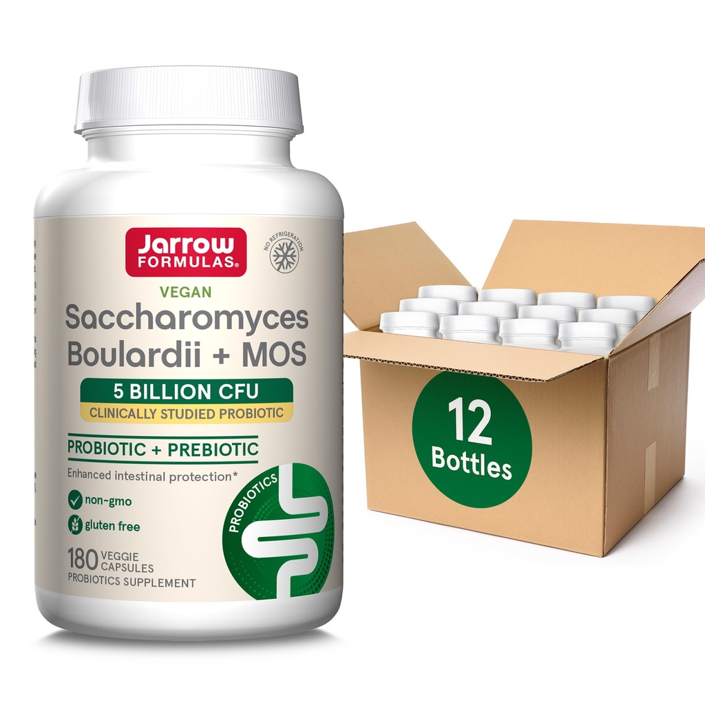 Jarrow Formulas Saccharomyces Boulardii Probiotics + MOS 5 Billion CFU Probiotic Yeast for Intestinal Health Support Gut Health Supplements for Women & Men 180 Veggie Caps, 180 Day Supply,Pack of 12