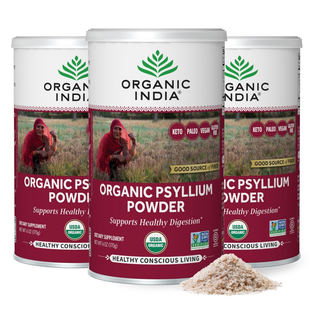 ORGANIC INDIA Psyllium Powder Organic - Fine Grain Psyllium Supplement, Digestion Support, Vegan, Gluten-Free, Non-GMO, Source of Fiber - 6 oz (Pack of 3)