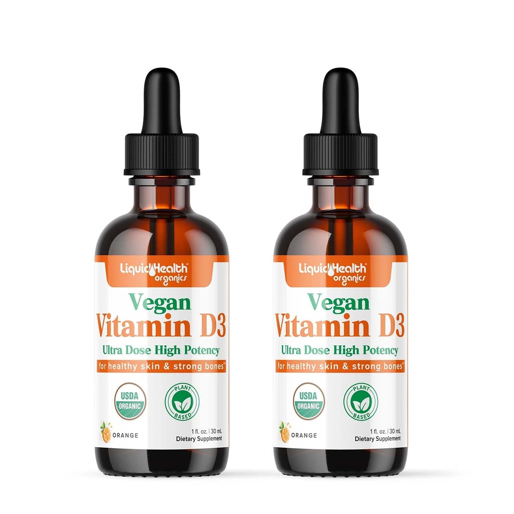 LIQUIDHEALTH Vitamin D3 4000 IU, USDA Organic Vitamin D Υγρές σταγόνες για ενήλικες & παιδιά, Vegan Vitamin D για την υποστήριξη ανοσοποιητικού συστήματος, την υγεία των οστών, την υποστήριξη της διάθεσης, υγιές δέρμα - Made in USA (2 Pack)