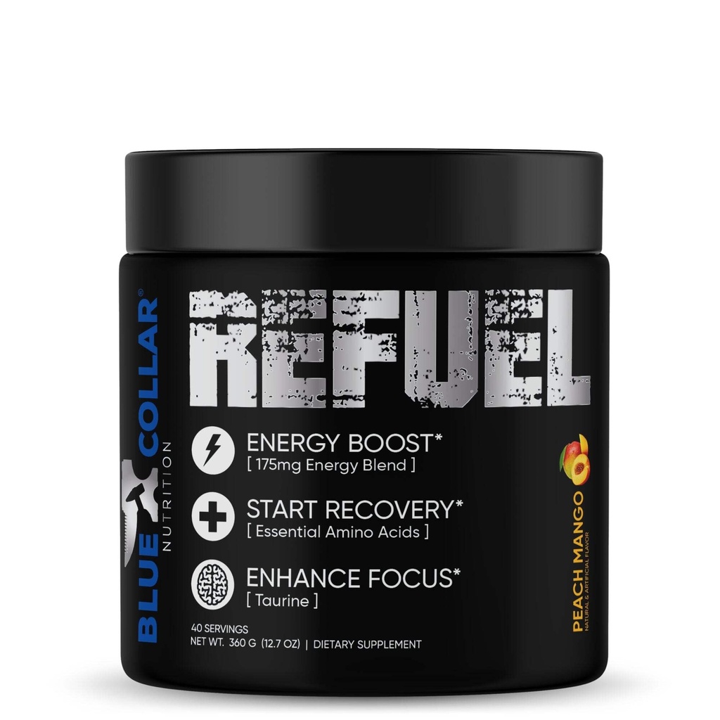 BLUE COLLAR NUTRITION Refuel Energy Drink, EAA Recovery, 40 Servings, Amino Acids, Muscle Recovery (Raspberry)