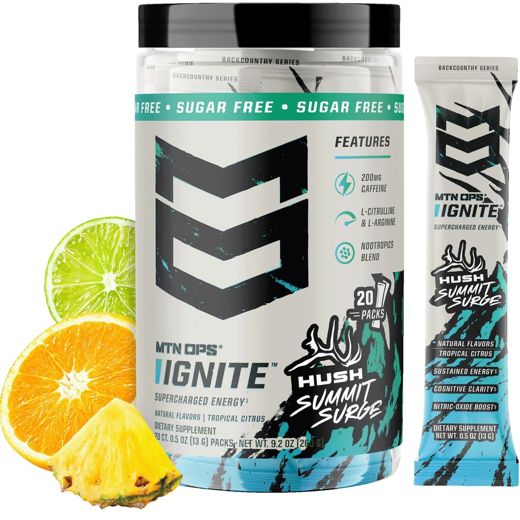 MTN OPS Ignite Sugar Free Energy Drink Powder Trail Packs with 200mg Caffeine, Travel Pre Workout Packets for to-Go Energy, Nootropic Blend, L Arginine & L Citrulline, 20 Servings, Hush Summit Surge