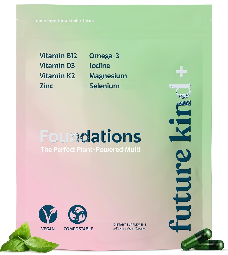 Future Kind Carragenan-Free Foundations Multivitamin for Women & Men with Omega-3, B12, D3, Zinc, Iodine, Magnesium, K2 & Selenium, Vegan, Compostable Bag (60ct)