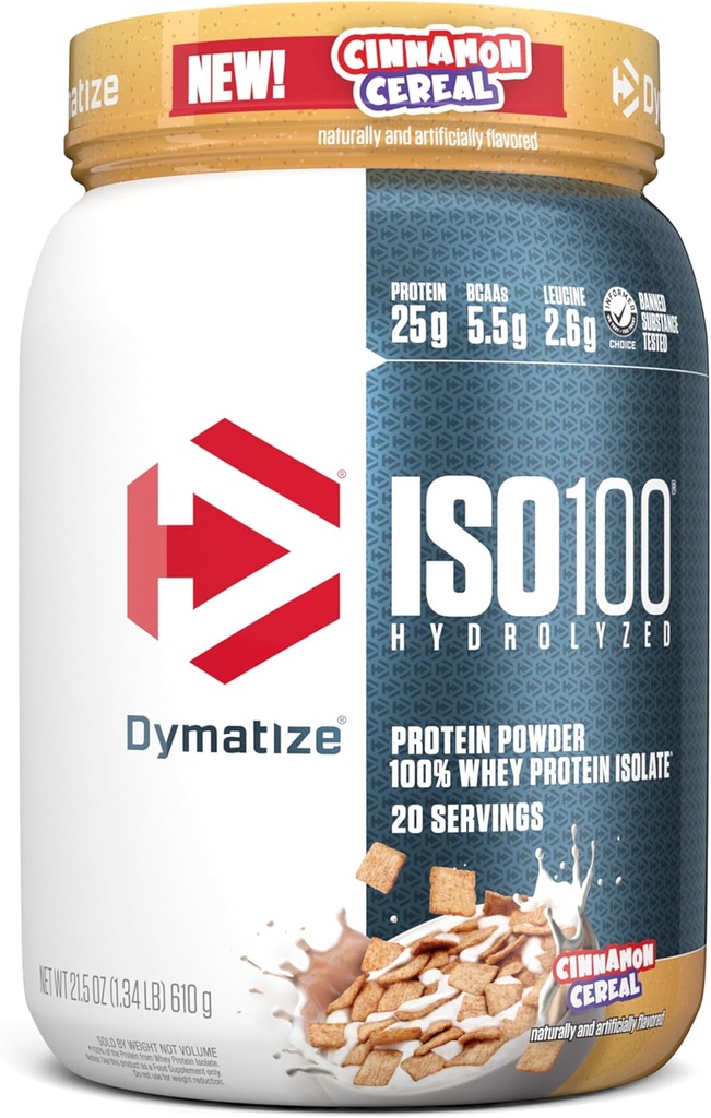 Dymatize ISO100 Whey Protein Powder Isolate, Cinnamon Cereal, 25g of Protein, 5.5g BCAAs, Less Than 120 Cal., Gluten Free, 1g Fat, 1g Sugar, 2g Carb (20 Servings)