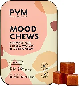 PYM Berry Mood Chews Support for Stress, Worry & Overwhelm, 20 Count | 130mg GABA, 90mg L-Theanine | Vegan, Non-GMO, Gluten-Free, No Added Sugar | All-Natural Mood Balance Supplement Made in USA