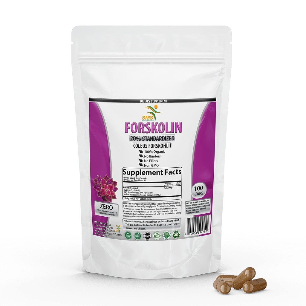 Pure Forskolin Extract Supplement with Potent Coleus Forskohlii 20% Standardized 1.000 mg for Enhanced Energy - Plant-based Energy Supplements for Women and Men - 100 Veggie Capsles