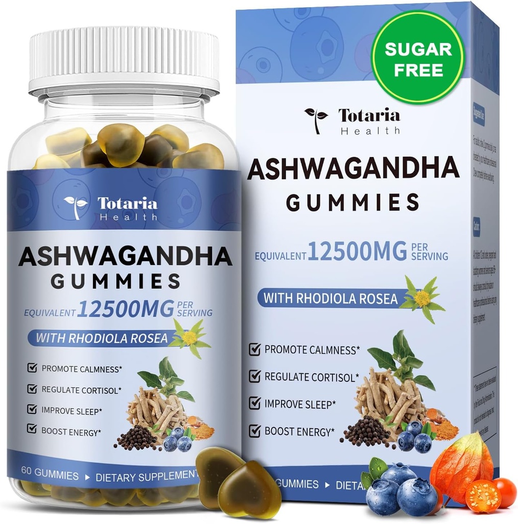 Totaria Sugar Free Ashwagandha Filled Gummies 2500mg w/Vitamin D3, Magnesium Glycinate, Rhodiola, Ultra Strength Ashwa Root Supplements for Women & Wen, for Relaxation, Energy, Blueberry Flavor