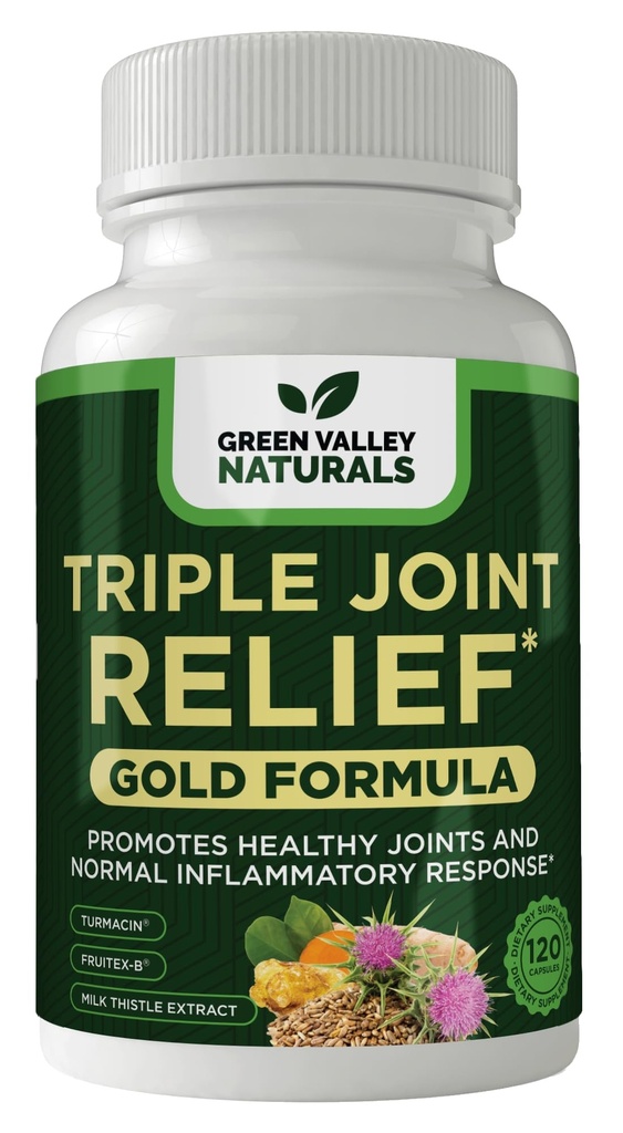 GREEN VALLEY NATURALS Triple Joint Relief Gold – Joint Support Supplement with Turmeric (Turmacin®, BCM-95®), Boswellia (AprèsFlex®) & Boron – Supports Mobility & Flexibility – 120 Capsules