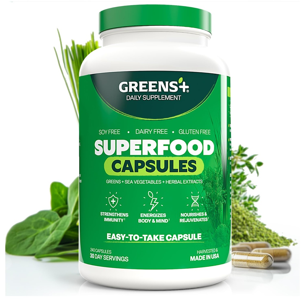 Greens+ Organic Superfood Capsules, Organic Spirulina and Chlorella, with Alfalfa & Wheat Grass, Vitamins & Minerals Supplements, Gluten-Free, Vegan, Non-GMO, 240 Count