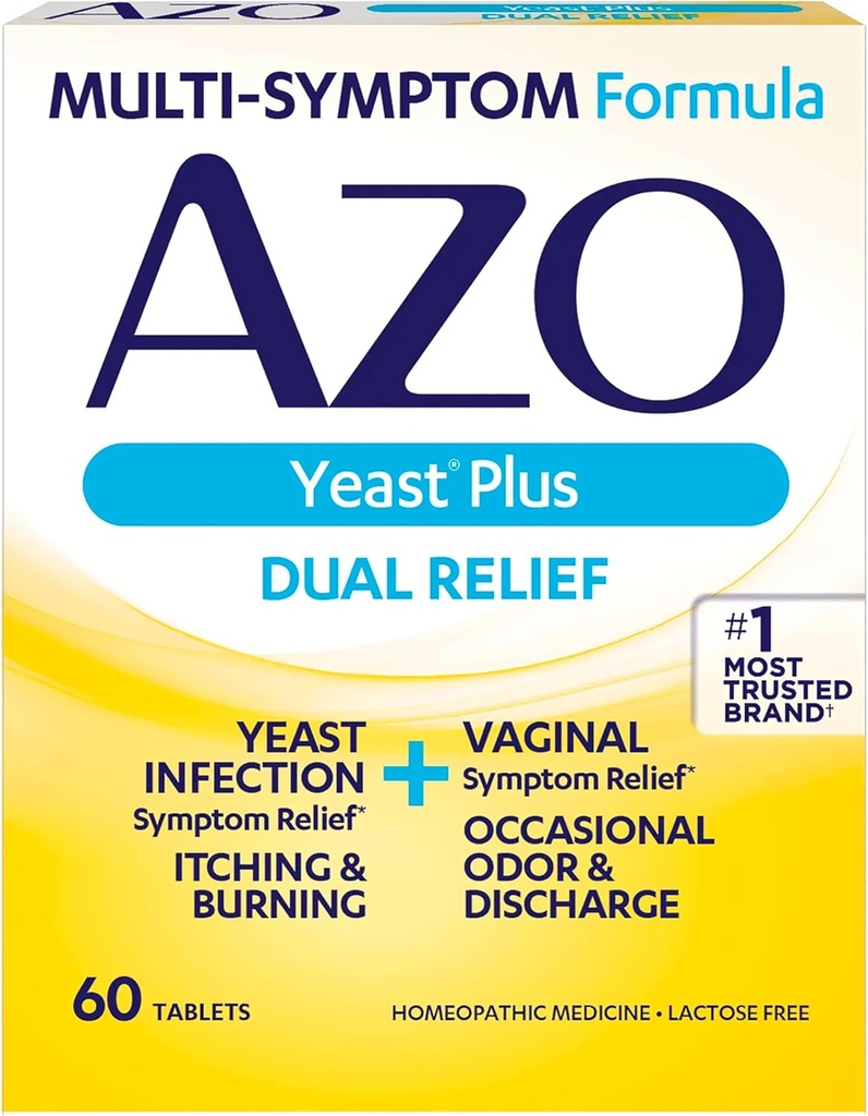 AZO Yeast Plus Δισκία Διπλής Ανακούφισης, Μόλυνση Μαγιάς και Κολπική Συμπτώματα Ανακούφιση, Ανακουφίζει Κολπική φαγούρα & Κάψιμο, 60 Count