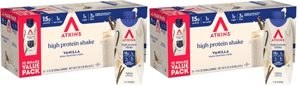 Atkins Creamy Vanilla Protein Shake, 15g Protein, Low Glycemic, 2g Net Carb, 1g Sugar, Keto Friendly, 12 Count (Pack of 2)