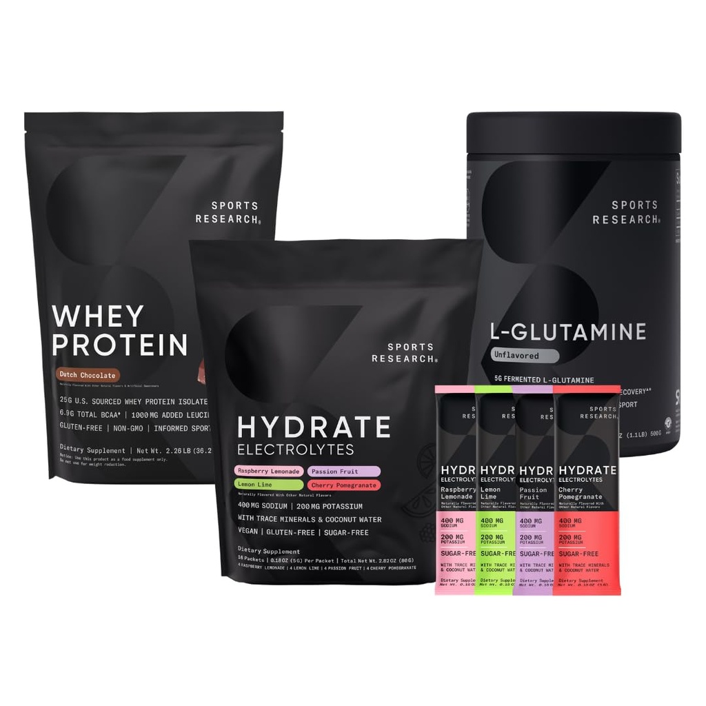 Sports Research Multi Flavor Hydrate Electrolytes Packets, Dutch Chocolate Flavored Whey Protein Isolate Powder and Unflavored L-Glutamine
