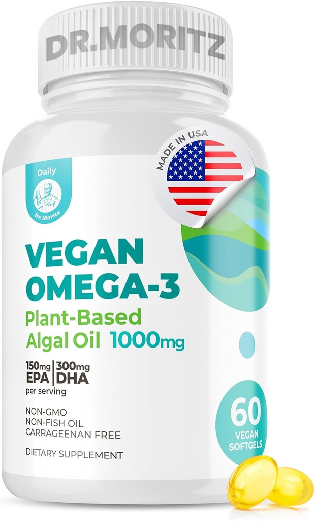 DR. MORITZ Vegan Omega-3 Softgels για ενήλικες και παιδιά, Φτιαγμένο από λάδι άλγης με DHA EPA, Μικρά Algae Omega 3 συμπληρώματα, Vegan, 60 Count