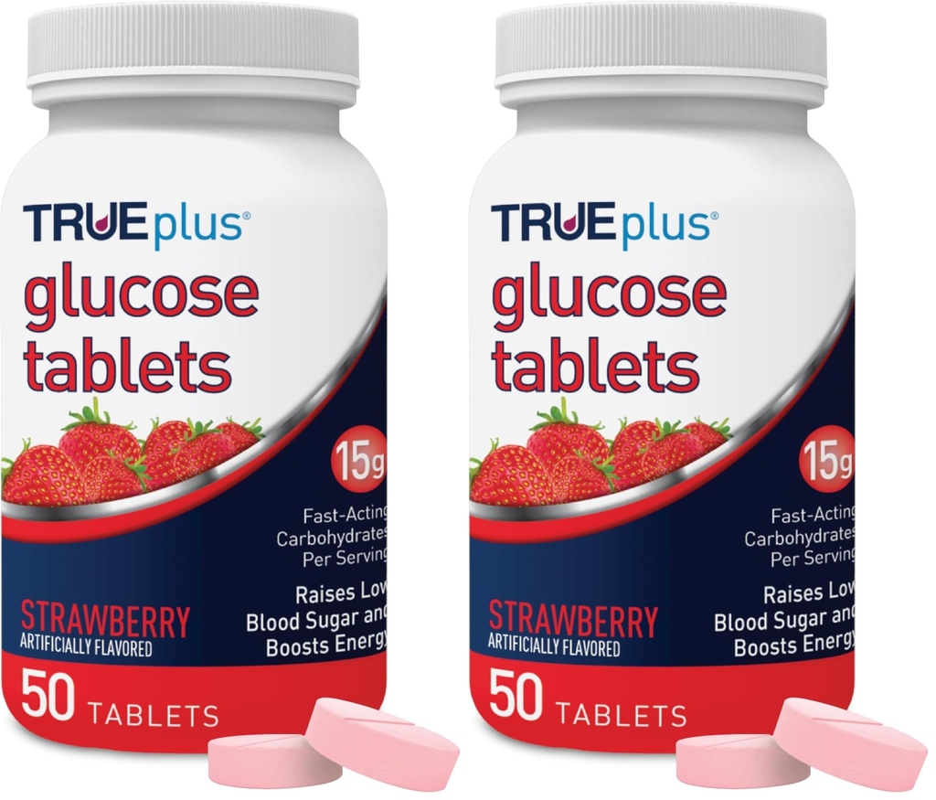 TRUEplus Glucose Tablets, Chewable, Strawberry Flavor, 15g Fast-Acting Carbohydrates, Fat Free, Gluten Free, Boost Energy, 50 Count (Pack of 2)