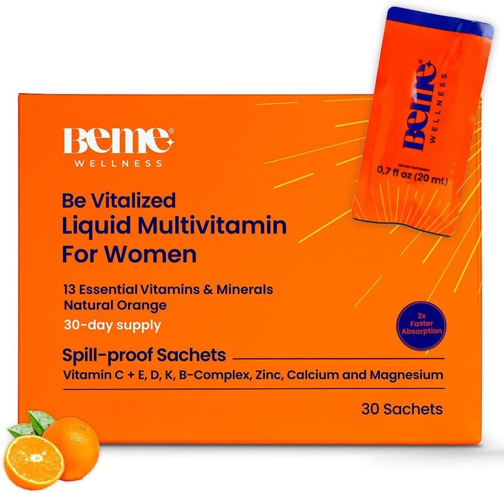 BeMe Liquid Multivitamins for Women - Σύνθετη Liquid Delivery System με 13 Βιταμίνες & 4 Ορυκτά - Δάκρυα & Σωλήνες Go, Μη ΓΤΟ, Πορτοκαλί Γεύση (30 φακελάκια)