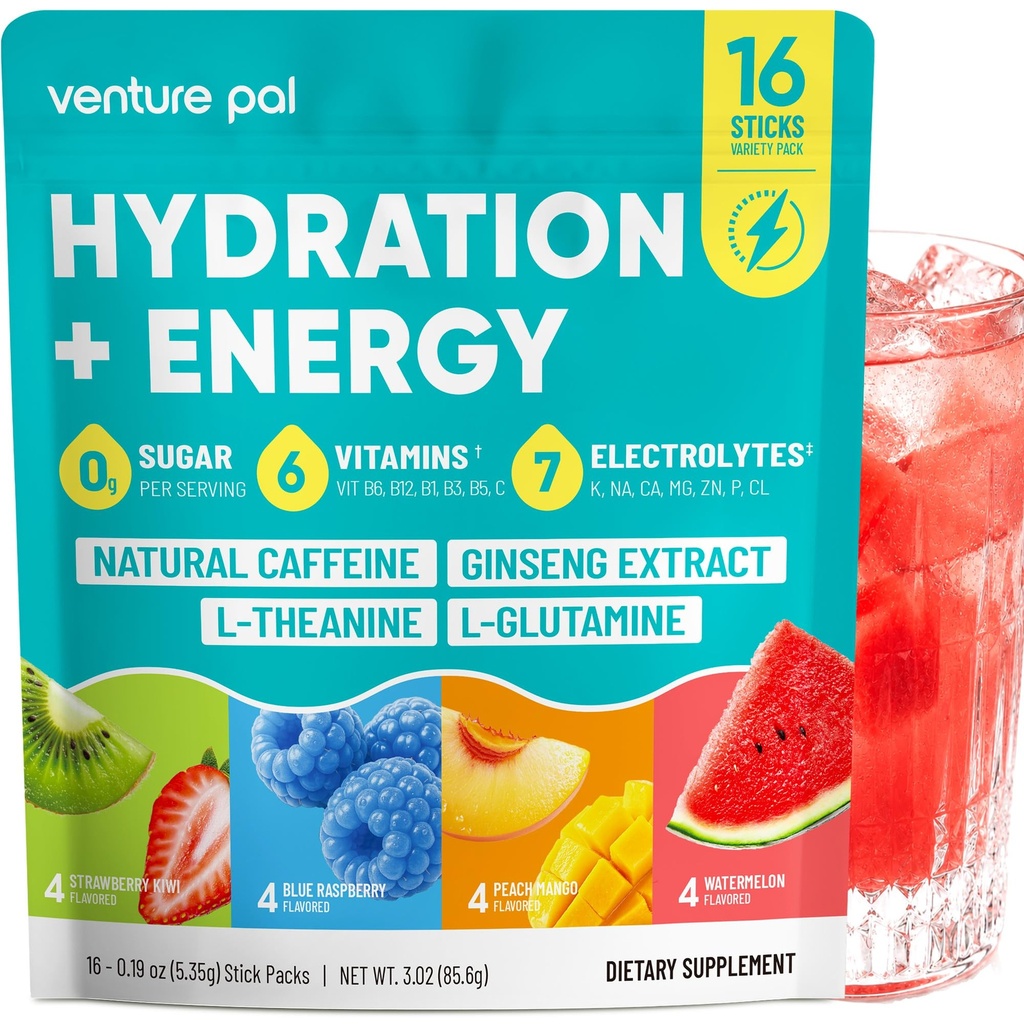 Venture Pal Clean Energy Hydration Packets, Electrolytes Powder with 100mg Natural Caffeine, 7 Electrolytes, 6 Vitamins, L-Theanine, L-Glutamine & Ginseng, Sugar Free Drink Mix, 16 Sticks