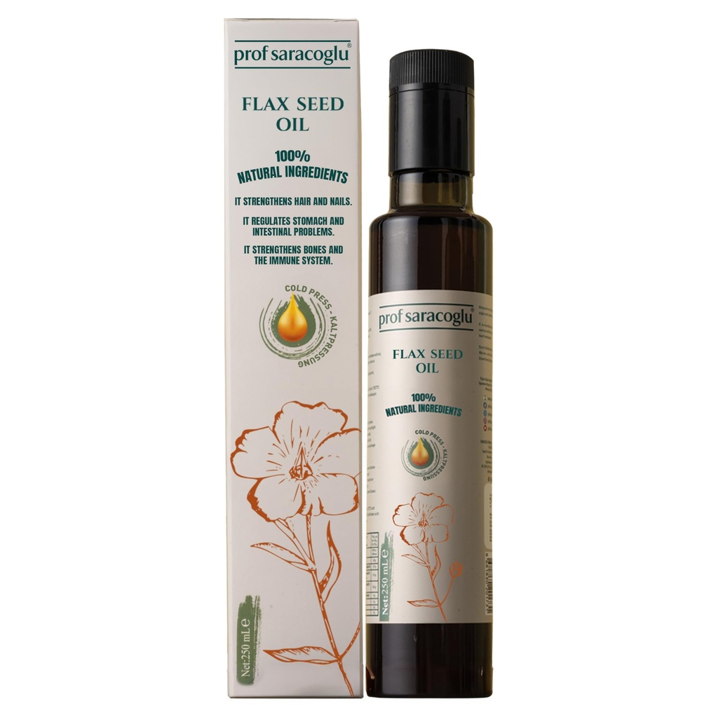 Prof Saracoglu Flaxseed Oil – Cold Pressed, Solvent-Free Flax Seed Oil in Glass Bottle | Plant-Based Omega 3 with Lignans | Vegan, Non-GMO | Hair, Skin & Wellness | 8.45 fl oz