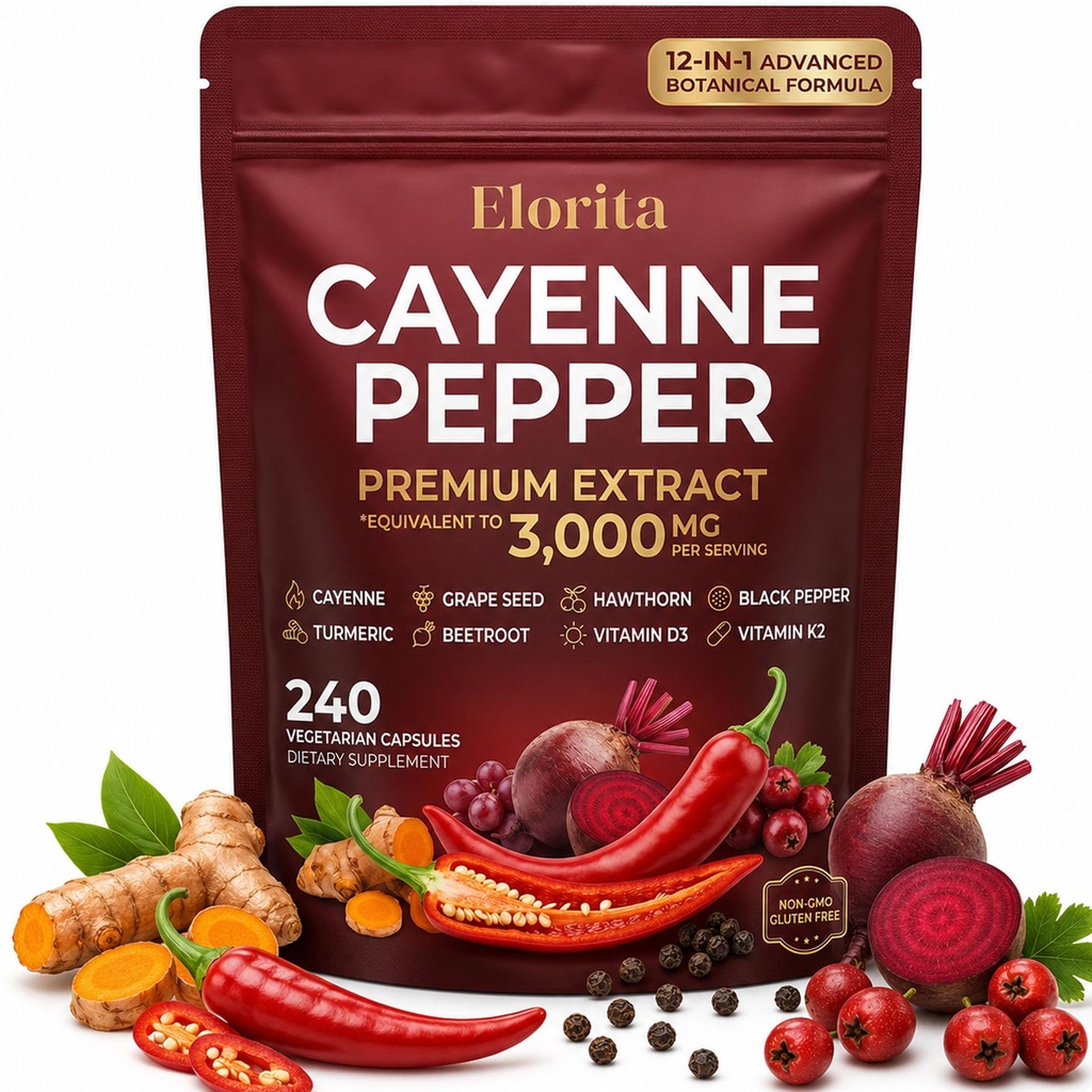 Elorita Cayenne Pepper Softgels, 12-in-1 Capsaicin Supplements with Vitamin D3, K2, Turmeric, Hawthorn, Beetroot, Black Pepper Extract, 240 Softgels