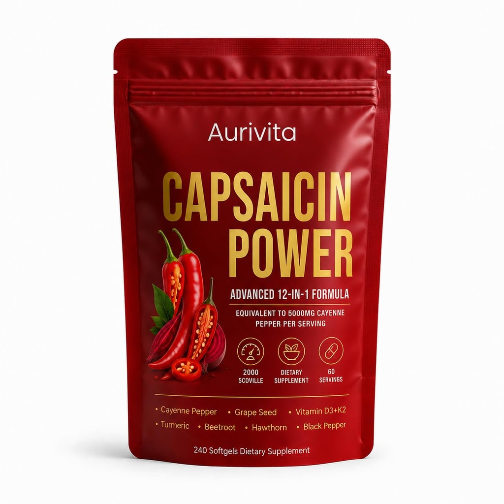 Aurivita Capsaicin Softgels, Aurivita Capsaicin Power, Cayenne Pepper, Beetroot, Supports Digestive Health, Boosts Energy and Daily Vitality, 240 Softgels
