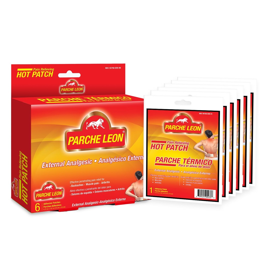 Parche Leon Pain Relief Patches, 6 Heat Patches - Back Heat Patch with Camphor, Capsaicin and Menthol - Topical Analgesic for Back Pain, Muscle & Joint Support, External Use Only