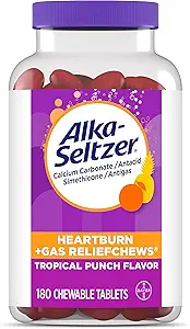 Alka-Seltzer Heartburn + Gas ReliefChews, Antacid + Antigas Chews for Fast Heartburn Relief, Gas, and Acid Indigestion Relief On the Go, 180 Ct