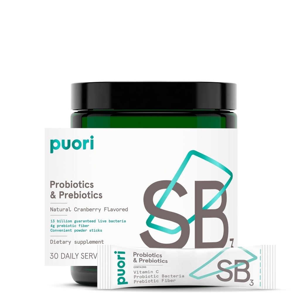 Puori Probiotics and Prebiotics Dietary Supplement - 13 Billion CFU x 30 Services - Υποστήριξη Ανοσοποιητική και Πειθαρχική Υγεία - Fiber 4g, Vitamin C 200mg - SB3 Bifidobacterium, Lactobacillus Fermentum