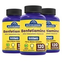 B1 Benfotiamine, 500mg per Serving, 120 Capsules,Fat & Water Soluble Vitamin B1, Gluten Free, Non-GMO, Vegetarian 3pack