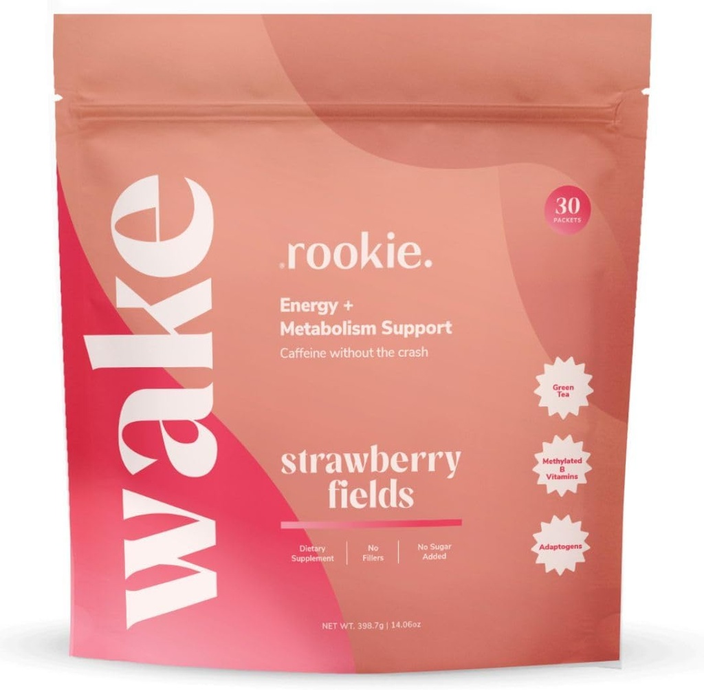 Rookie Wellness Wake - Natural Energy Drink Powder με 125 mg καφεΐνης από το εκχύλισμα πράσινου τσαγιού, B-Complex Βιταμίνες, Ashwagandha Extract, & Guarana Extract (30 σερβιρίσματα, πεδία φράουλας)