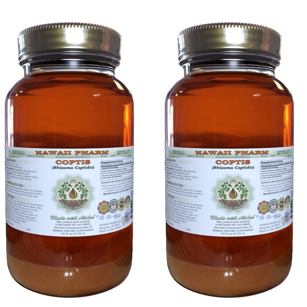 Hawaii Pharm Coptis Alcohol-Free Liquid Extract, Coptis (Rhizoma Coptidis) Dried Root Glycerite Natural Herbal Supplement 2x32 oz Unfiltered