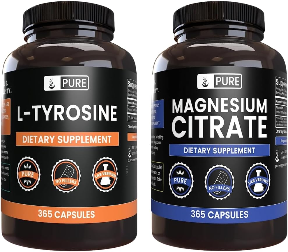 PURE ORIGINAL INGREDIENTS L-Tyrosine and Magnesium Citrate Bundle, 365 Capsules Each, Always Pure, Lab Verified