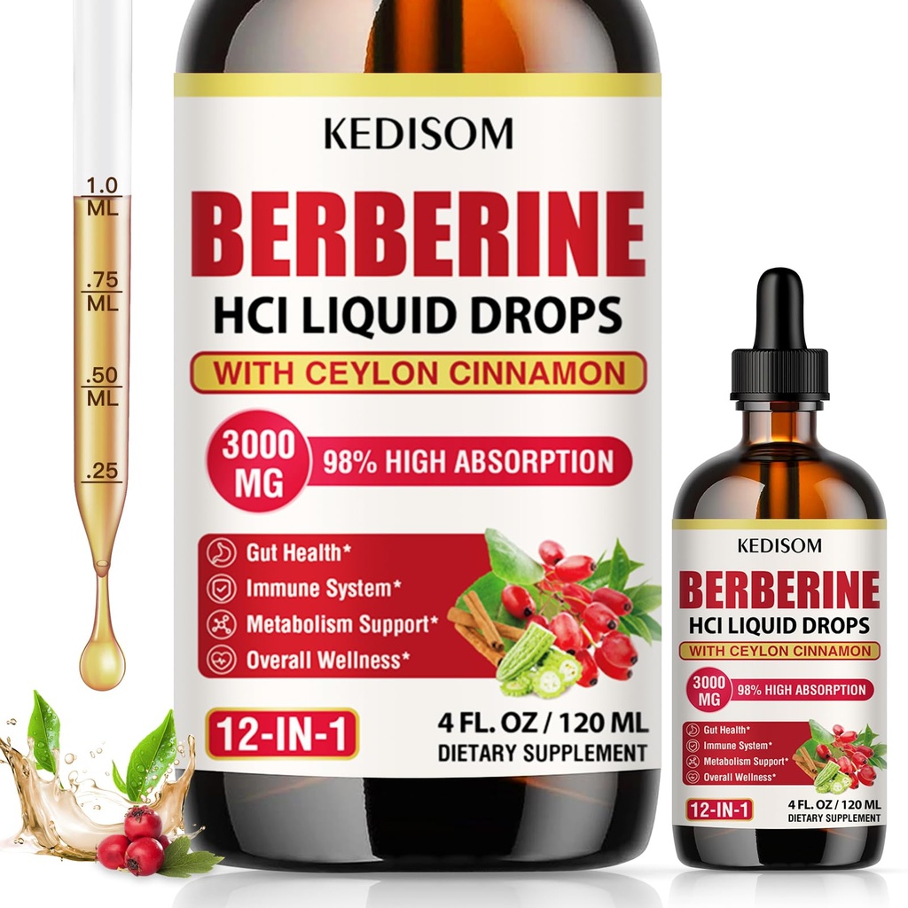 Liposomal Berberine HCL Supplement Liquid 3000mg - High Absorption Berberine Drops with Ceylon Cinnamon, Sugar Free - 4 fl oz, 60 Servings