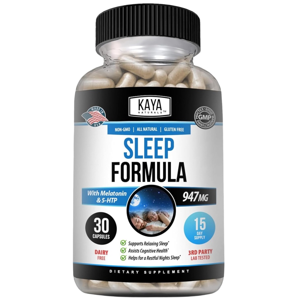 Kaya Naturals - Τύπος υποστήριξης ύπνου με μελατονίνη - συμπλήρωμα βιταμίνης υποστήριξης βοήθειας - άγχος ύπνου και διάθεση υποστήριξης - L-Tryptophan, λουλούδι πάθος, Ashwagandha και περισσότερα (30 κόμης)