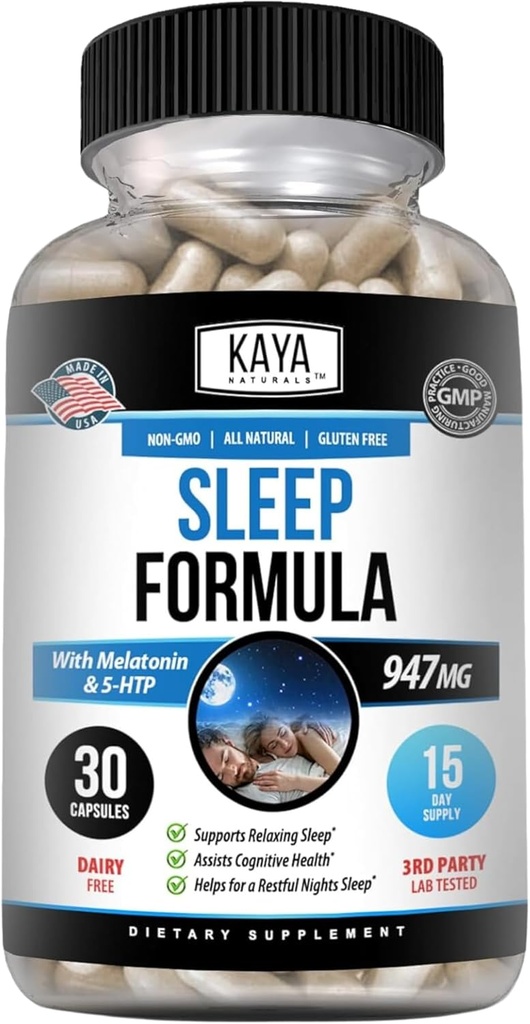 Kaya Naturals - Sleep Support Formula with Melatonin - Aid Support Vitamin Supplement - Sleep Stress and Mood Support - L-Tryptophan, Passion Flower, Ashwagandha and More (30 Count)