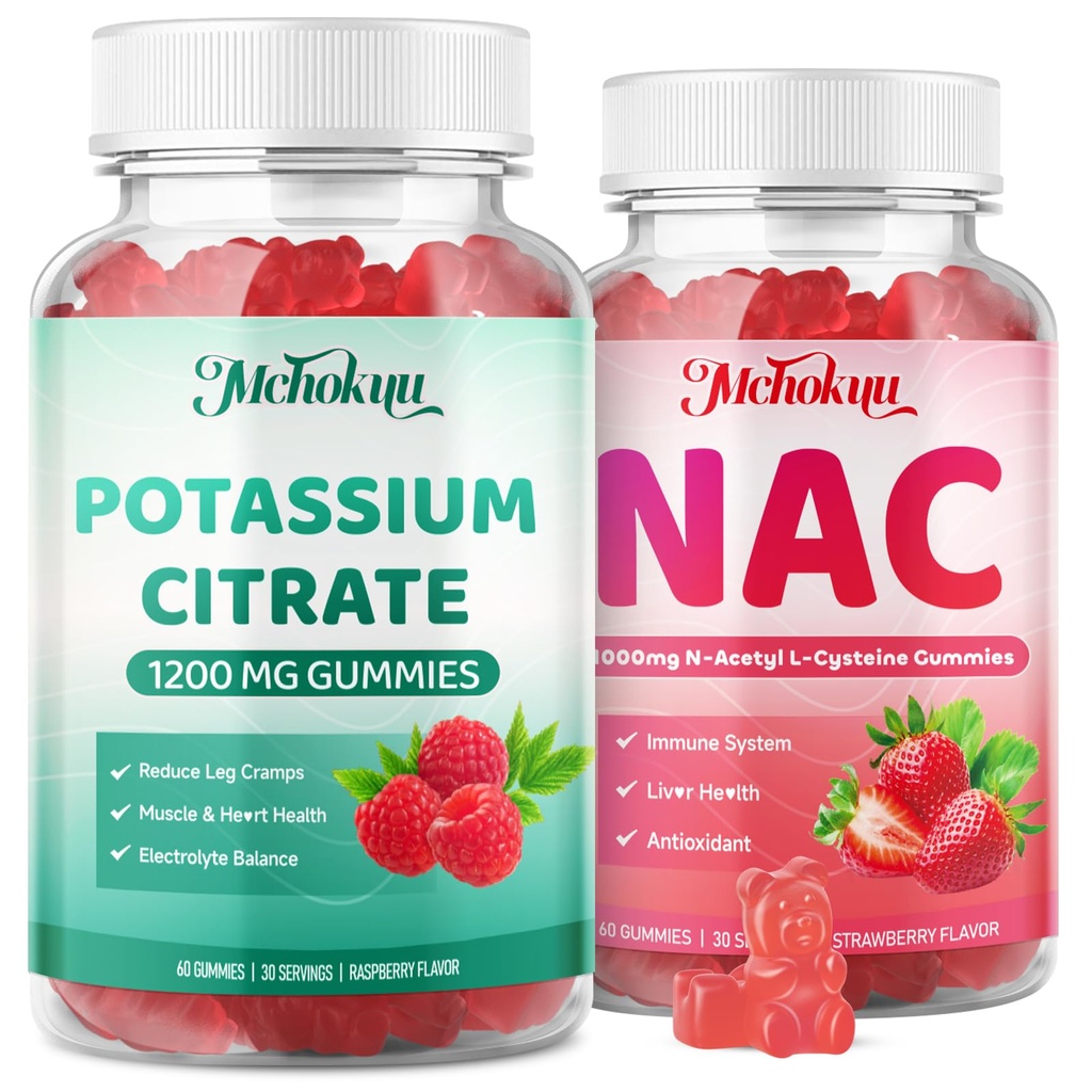 NAC & Potassium Citrate Gummies 1200mg, Strawberry & Raspberry Flavor, 120 Counts Bundle