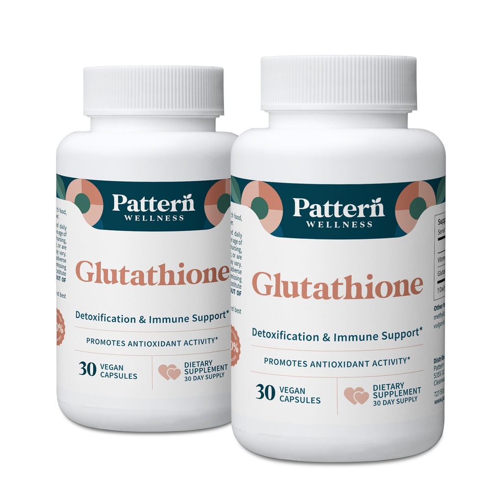 Pattern Wellness Glutathione Supplement - Active Reduced Glutathione Formula with Added Vitamin C - Cell, Antioxidant, + Immune Health Support - 60 Vegan Capsules