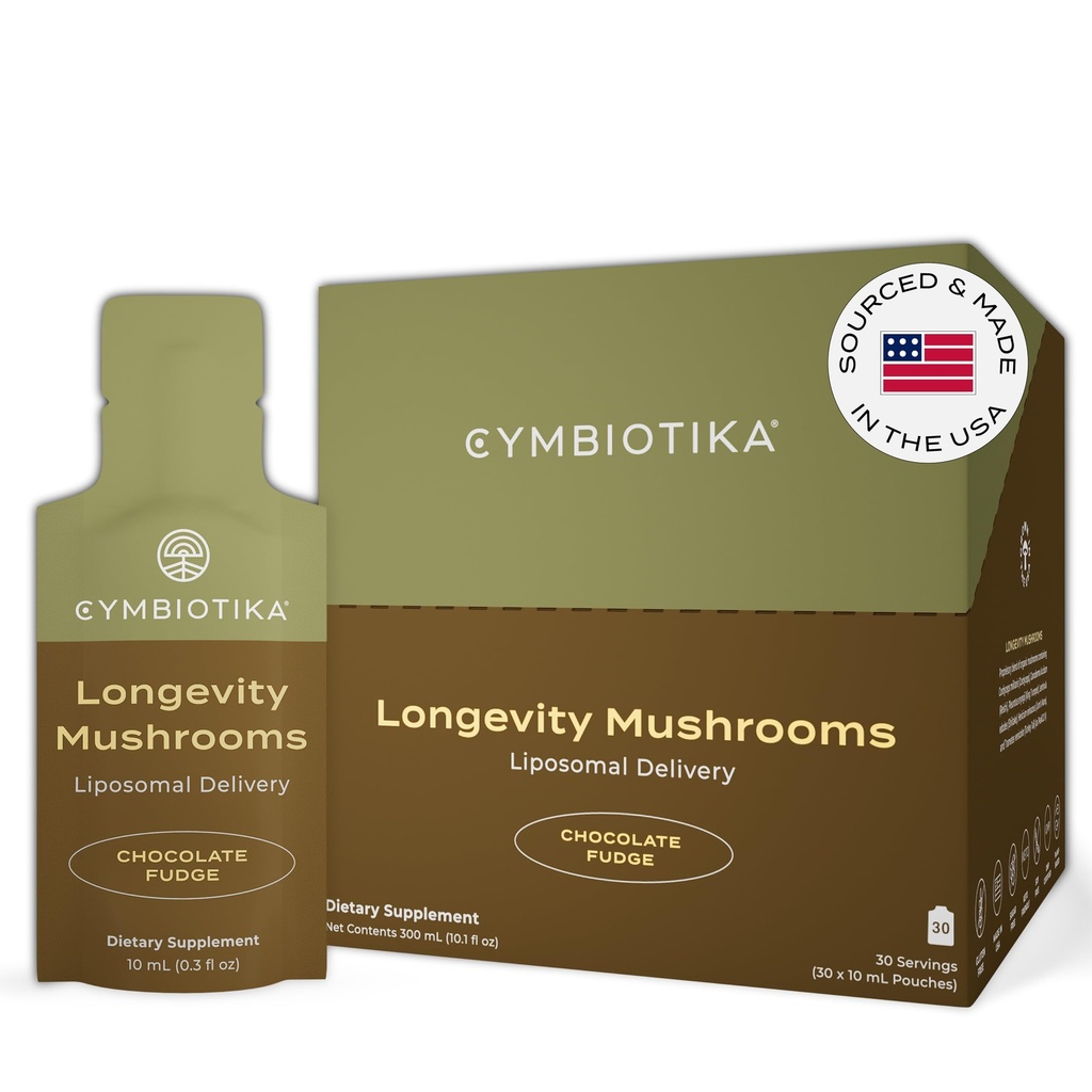 CYMBIOTIKA Liposomal Mushroom Supplement with Lion's Mane, Turkey Tail, B-Vitamins, Cordyceps & Reishi Mushrooms, Συμπληρώματα για την Ανοσολογική Υποστήριξη και Ενέργεια, Σοκολάτα Fudge Flavor, 30 Pack