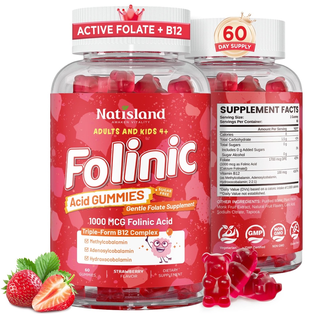 Folinic Acid Gummies, Folinic Acid for Kids & Adults 4+, Gentle Methylation Support, MTHFR-Friendly Folic Acid Alternative, Non-GMO, Sugar Free, Strawberry Flavor, 60 Count