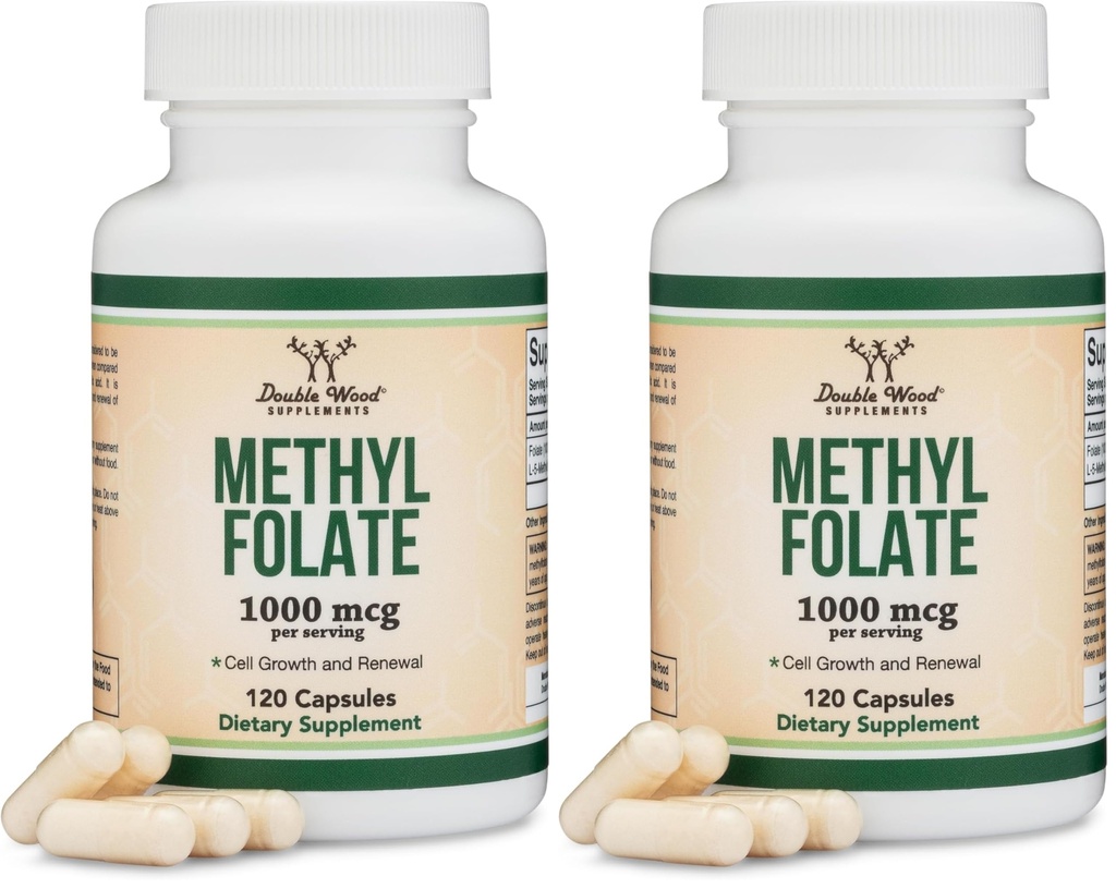 Methylfolate 1,000mcg, 120 Capsules (Third Party Tested Methyl Folate Supplement) Methylated Folate is a More Active Form of Folate Than Folic Acid (Non-GMO, Vegan Safe) by Double Wood (Pack of 2)
