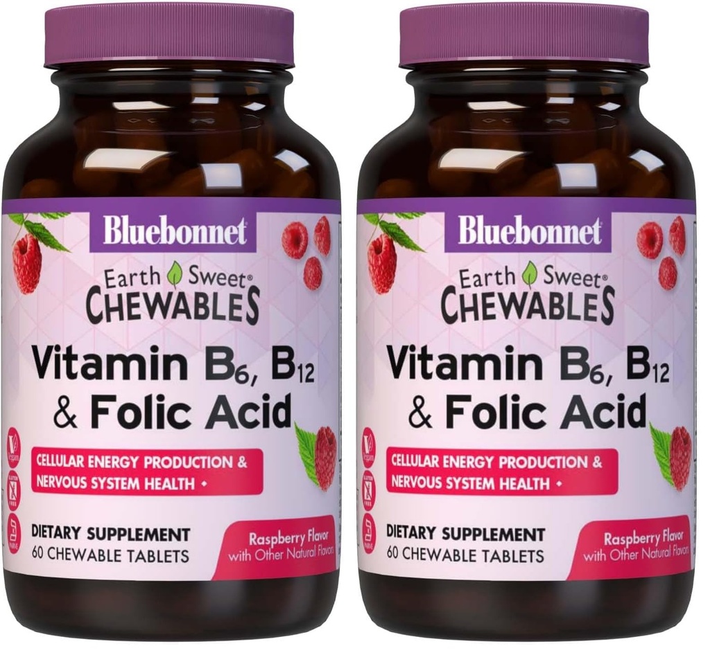 BlueBonnet Nutrition Earth Sweet Vitamin B6, B12, Plus Folic Acid Chewable Tablets, Vegan, Vegetarian, Gluten Free, Soy Free, Milk Free, Kosher, 60 Chewable Tablets, Raspberry Flavor (Pack of 2)