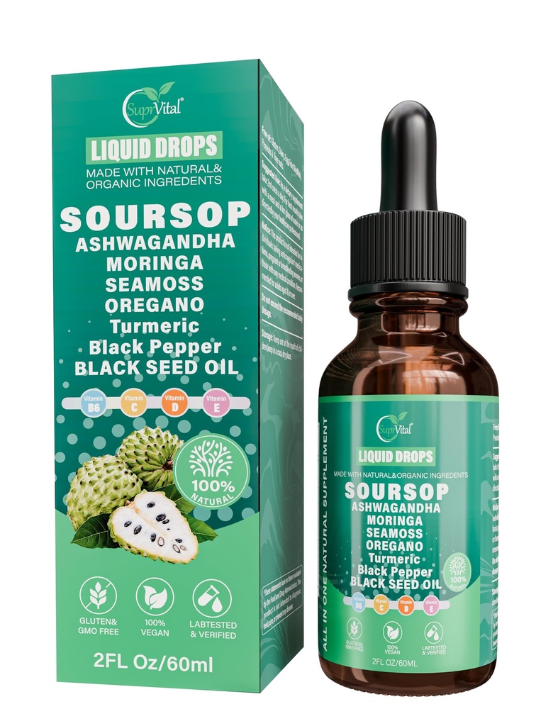 Soursop Bitters Liquid Drops 3000mg, with Ashwagandha* Shilajit* Mushroom, Moringa, See Moss,Oregano for Natural Antioxidant, Cell Support & Regeneration, Immune Boost