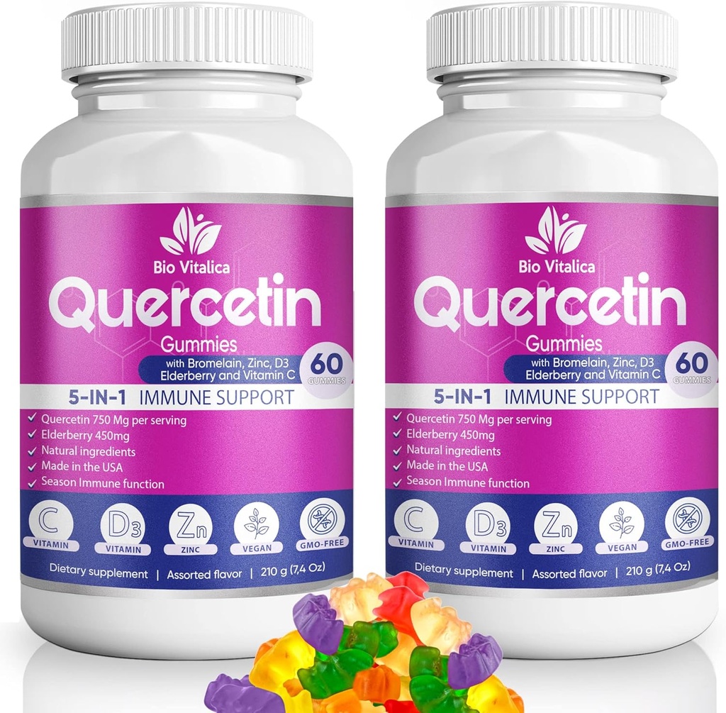 (2 Pack) Quercetin Gummies by BioVitalica - Quercetin με Bromelain Vitamin C και Zinc & Elderberry + Βιταμίνη D3-5 σε 1 Ανοσολογική Υποστήριξη - Ψευδάργυρος Quercetin 750 mg για Παιδιά και Ενήλικες