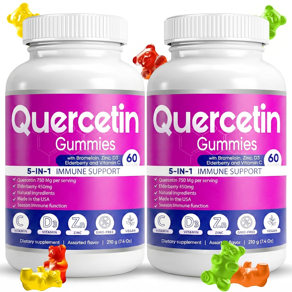 (2 Pack) Quercetin Gummies by BioVitalica - Quercetin με Bromelain Vitamin C και Zinc & Elderberry + Βιταμίνη D3-5 σε 1 Ανοσολογική Υποστήριξη - Ψευδάργυρος Quercetin 750 mg για Παιδιά και Ενήλικες